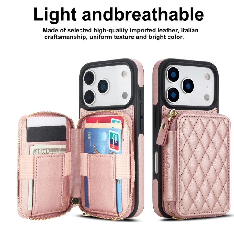 For iPhone 17 Pro Max AwQuer Crossbody Zipper Wallet Rhombic Leather Back Phone Case