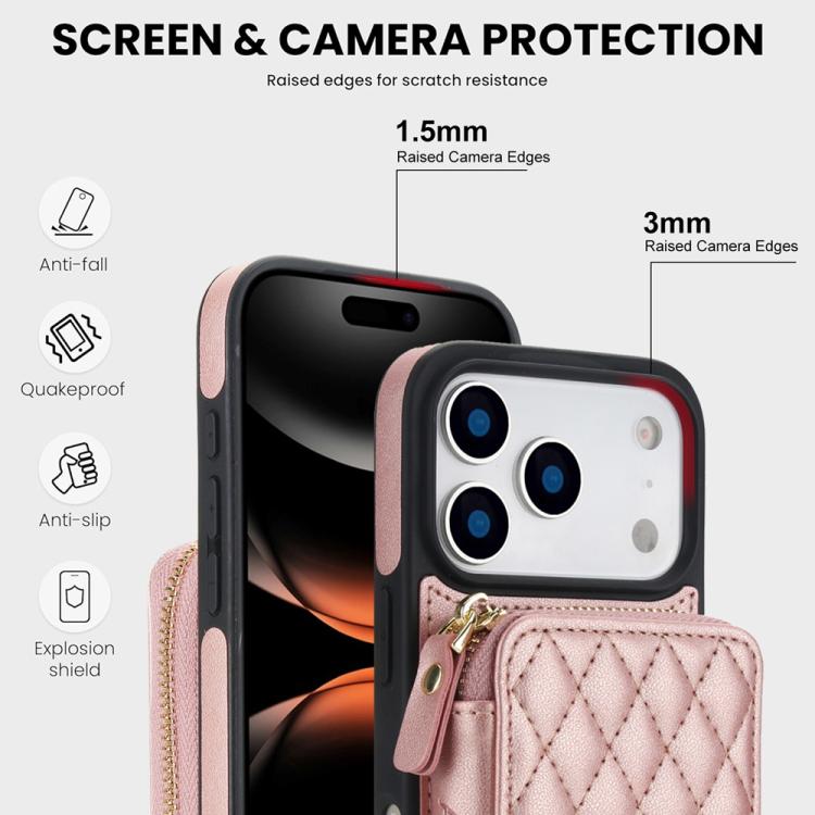For iPhone 17 Pro Max AwQuer Crossbody Zipper Wallet Rhombic Leather Back Phone Case