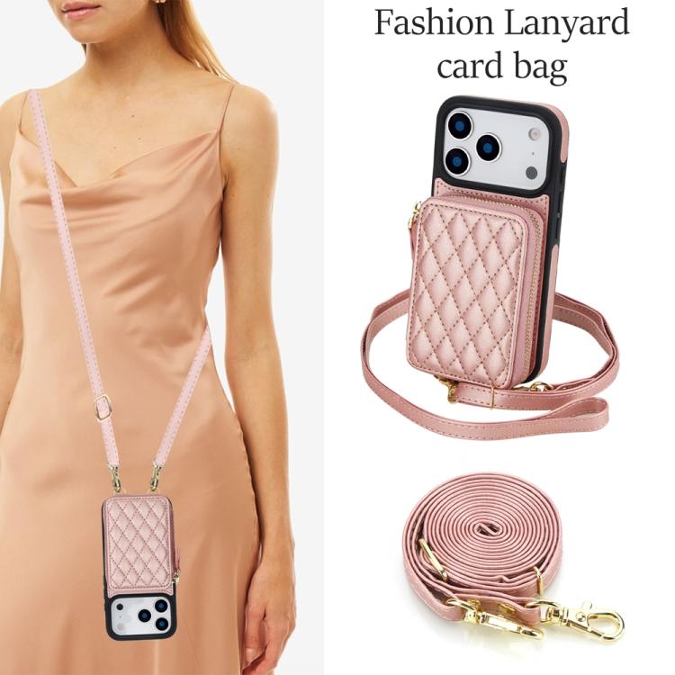 For iPhone 17 Pro Max AwQuer Crossbody Zipper Wallet Rhombic Leather Back Phone Case