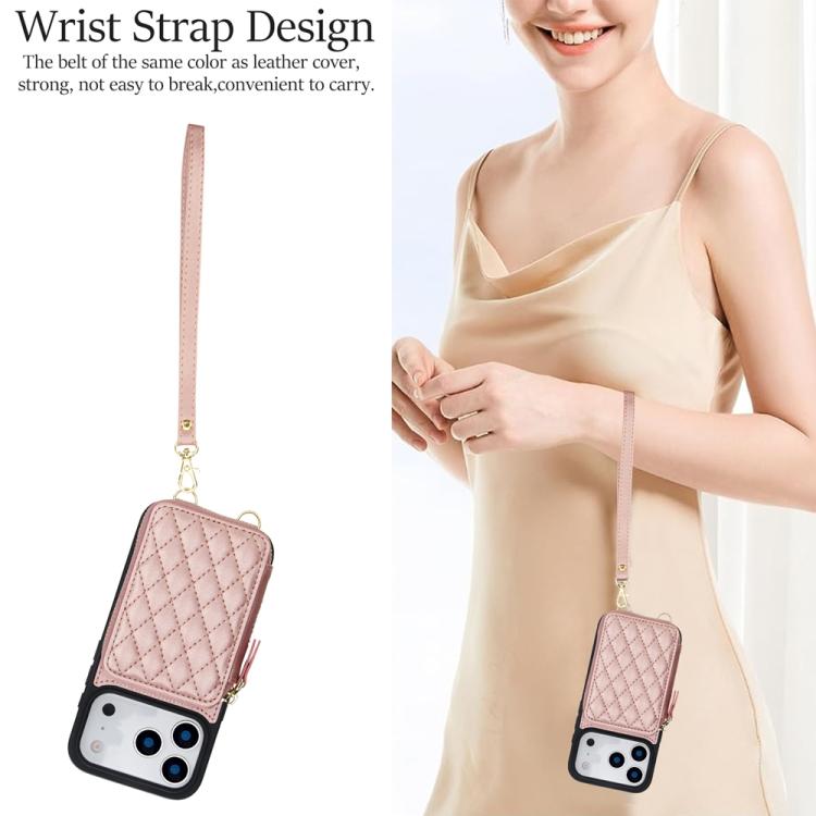 For iPhone 17 Pro Max AwQuer Crossbody Zipper Wallet Rhombic Leather Back Phone Case