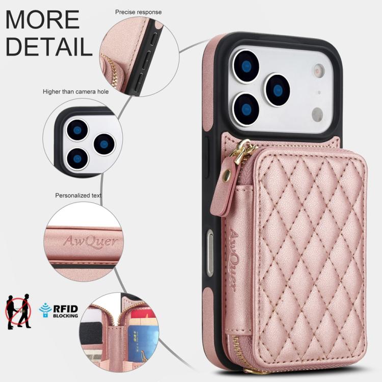 For iPhone 17 Pro Max AwQuer Crossbody Zipper Wallet Rhombic Leather Back Phone Case