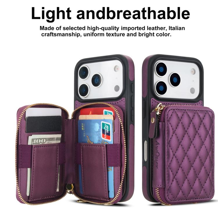 For iPhone 17 Pro Max AwQuer Crossbody Zipper Wallet Rhombic Leather Back Phone Case