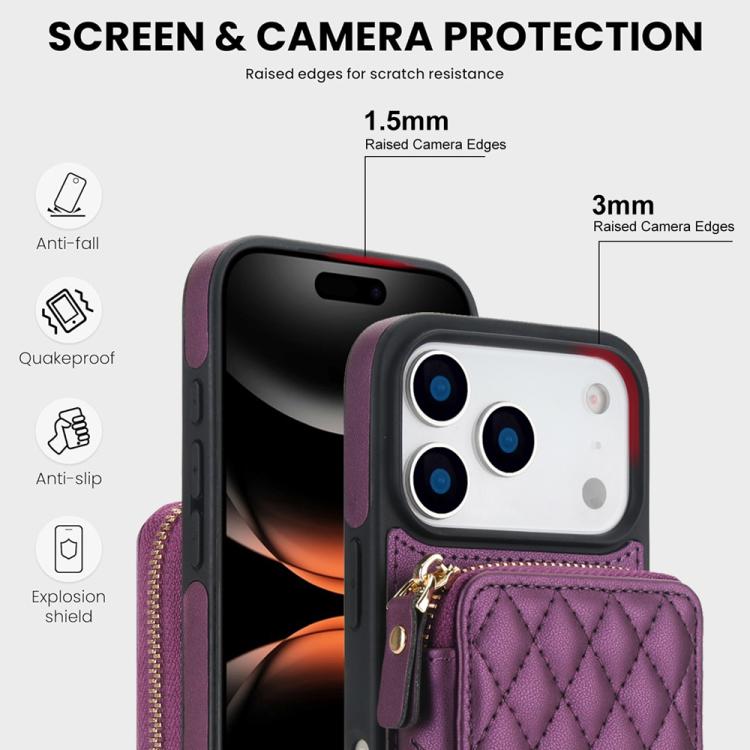 For iPhone 17 Pro Max AwQuer Crossbody Zipper Wallet Rhombic Leather Back Phone Case