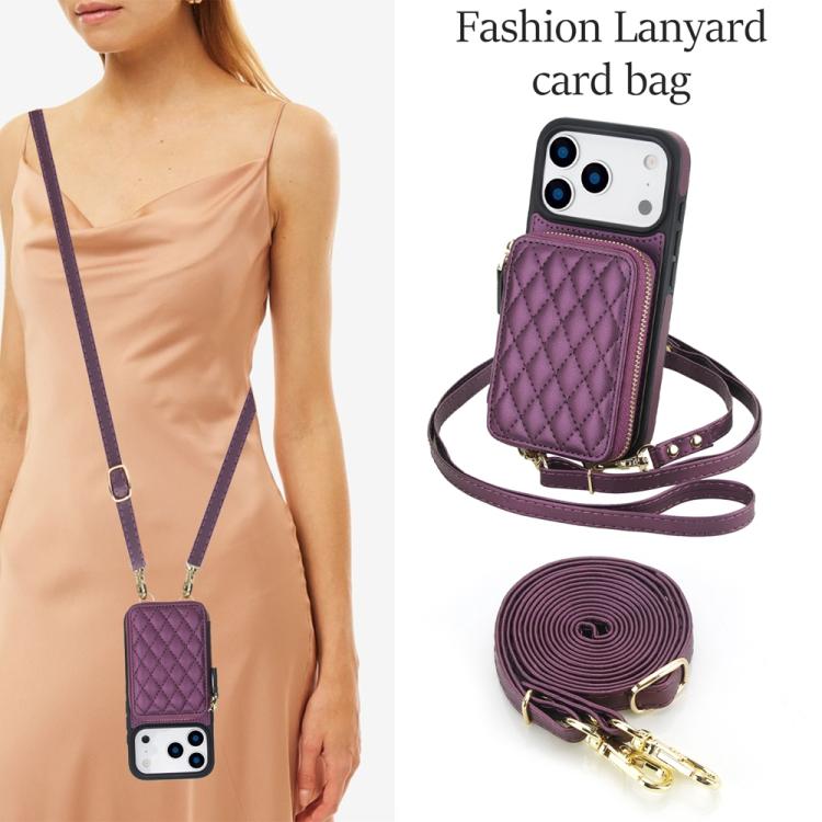 For iPhone 17 Pro Max AwQuer Crossbody Zipper Wallet Rhombic Leather Back Phone Case