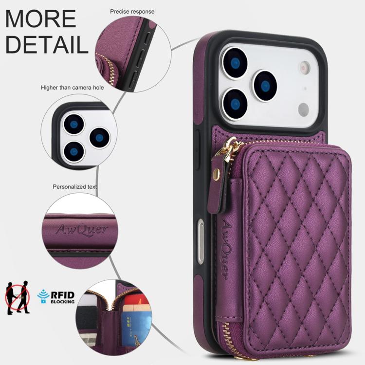 For iPhone 17 Pro Max AwQuer Crossbody Zipper Wallet Rhombic Leather Back Phone Case