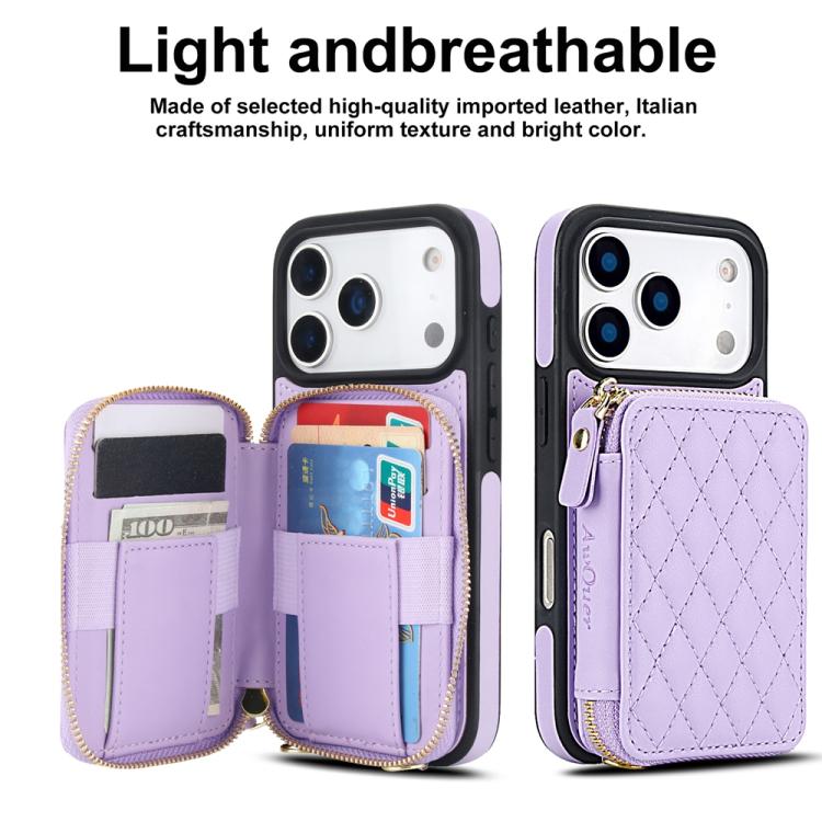 For iPhone 17 Pro Max AwQuer Crossbody Zipper Wallet Rhombic Leather Back Phone Case