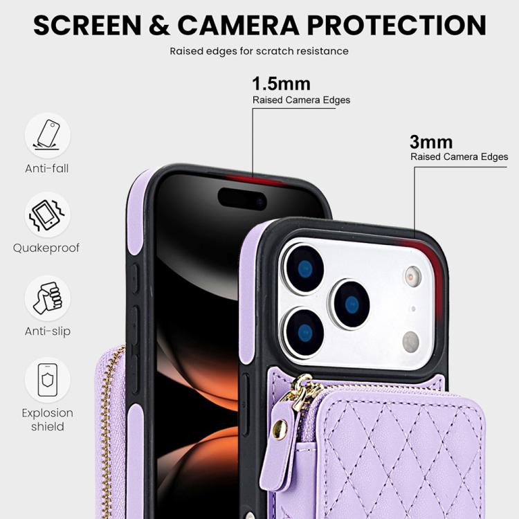 For iPhone 17 Pro Max AwQuer Crossbody Zipper Wallet Rhombic Leather Back Phone Case