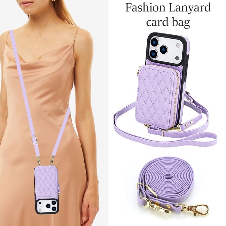 For iPhone 17 Pro Max AwQuer Crossbody Zipper Wallet Rhombic Leather Back Phone Case