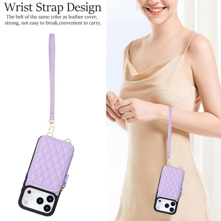 For iPhone 17 Pro Max AwQuer Crossbody Zipper Wallet Rhombic Leather Back Phone Case