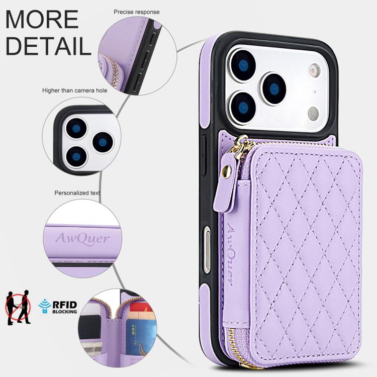 For iPhone 17 Pro Max AwQuer Crossbody Zipper Wallet Rhombic Leather Back Phone Case