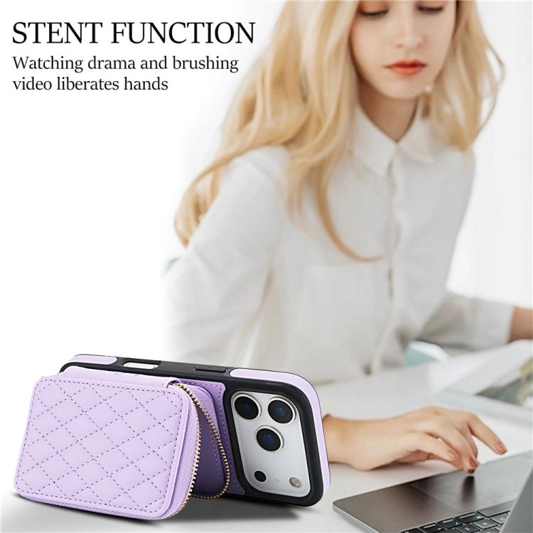 For iPhone 17 Pro Max AwQuer Crossbody Zipper Wallet Rhombic Leather Back Phone Case