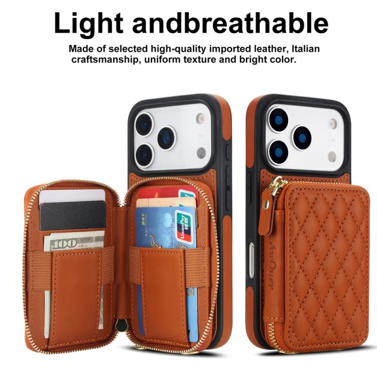 For iPhone 17 Pro Max AwQuer Crossbody Zipper Wallet Rhombic Leather Back Phone Case