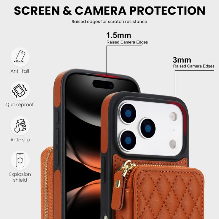 For iPhone 17 Pro Max AwQuer Crossbody Zipper Wallet Rhombic Leather Back Phone Case
