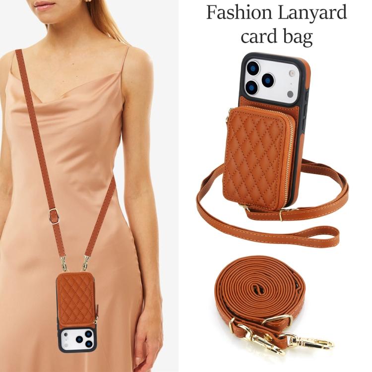 For iPhone 17 Pro Max AwQuer Crossbody Zipper Wallet Rhombic Leather Back Phone Case