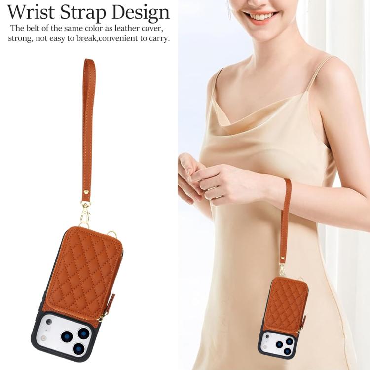 For iPhone 17 Pro Max AwQuer Crossbody Zipper Wallet Rhombic Leather Back Phone Case