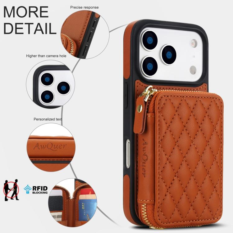 For iPhone 17 Pro Max AwQuer Crossbody Zipper Wallet Rhombic Leather Back Phone Case