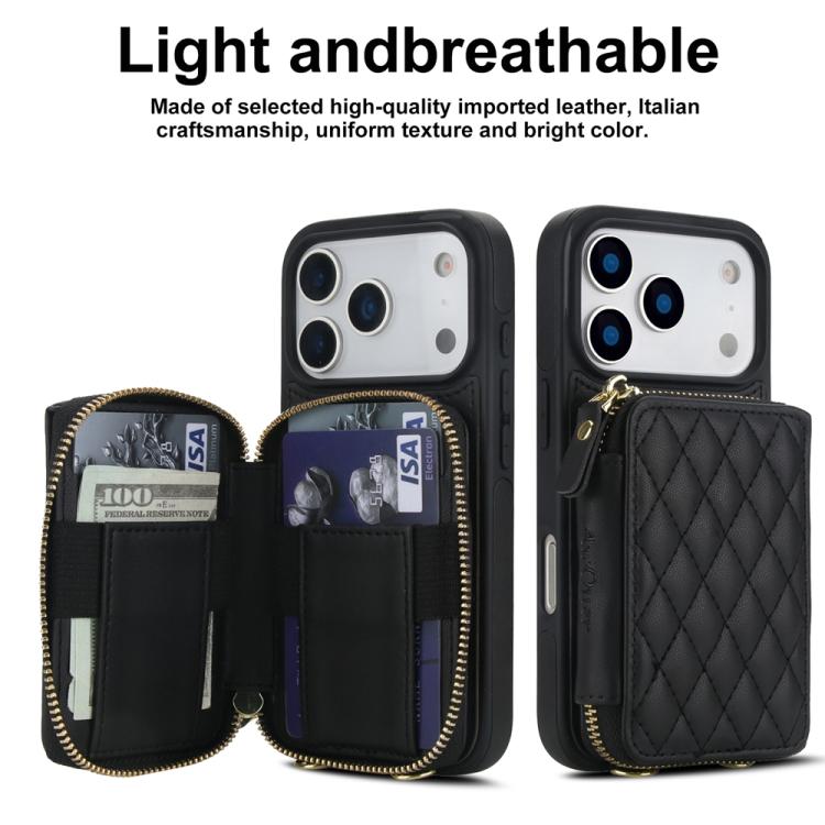 For iPhone 17 Pro AwQuer Crossbody Zipper Wallet Rhombic Leather Back Phone Case
