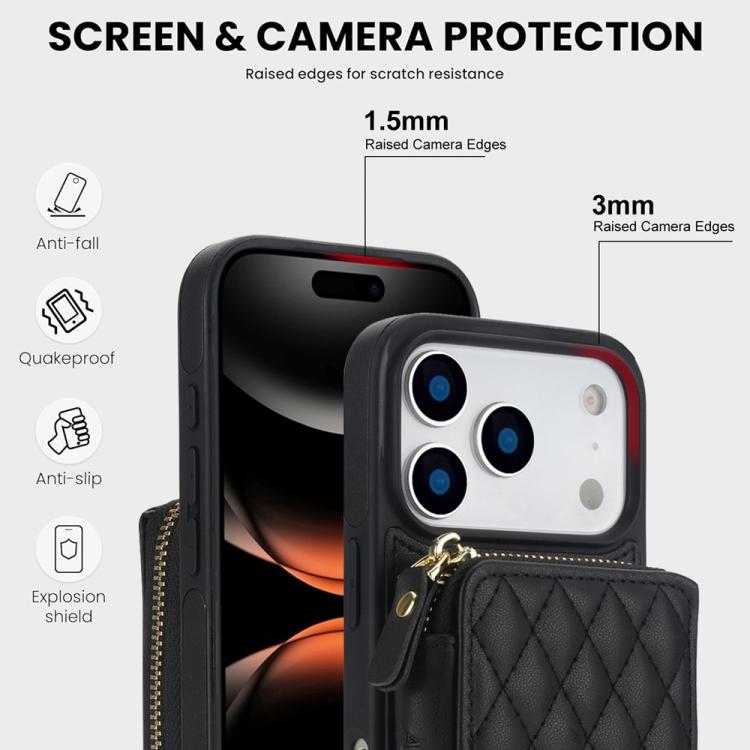 For iPhone 17 Pro AwQuer Crossbody Zipper Wallet Rhombic Leather Back Phone Case