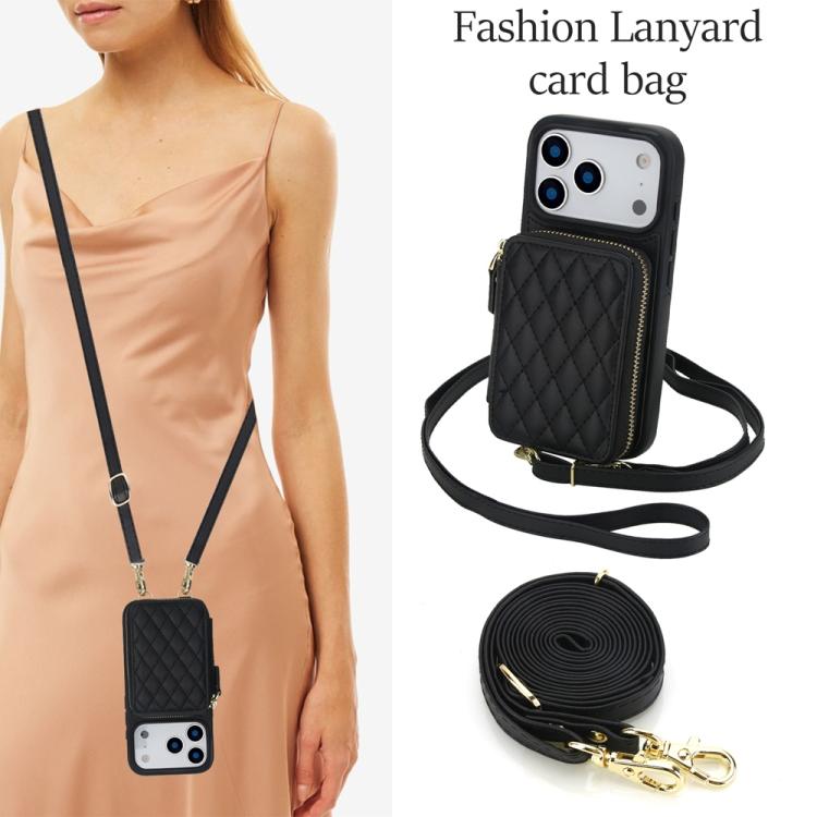 For iPhone 17 Pro AwQuer Crossbody Zipper Wallet Rhombic Leather Back Phone Case