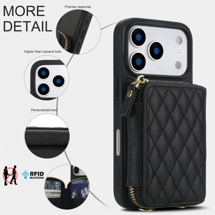 For iPhone 17 Pro AwQuer Crossbody Zipper Wallet Rhombic Leather Back Phone Case