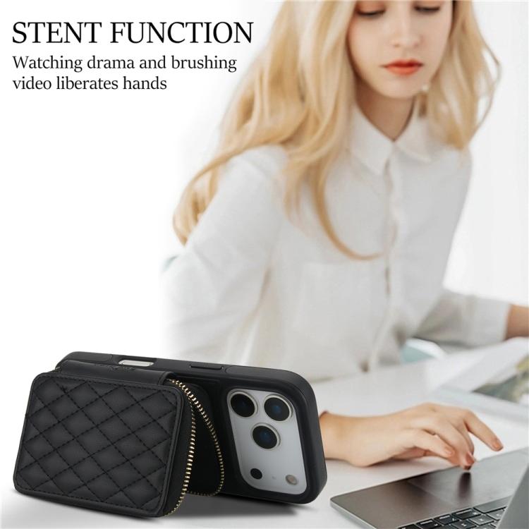 For iPhone 17 Pro AwQuer Crossbody Zipper Wallet Rhombic Leather Back Phone Case
