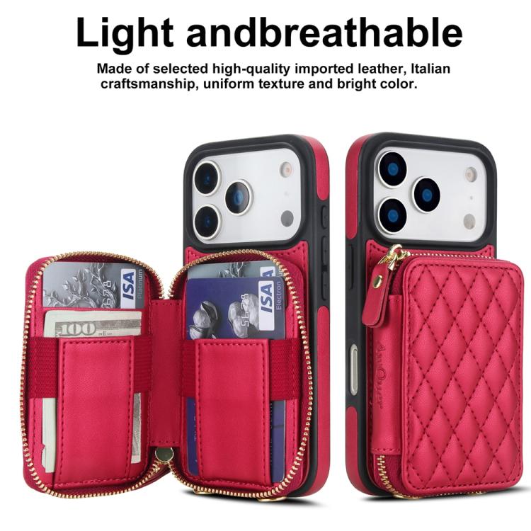 For iPhone 17 Pro AwQuer Crossbody Zipper Wallet Rhombic Leather Back Phone Case