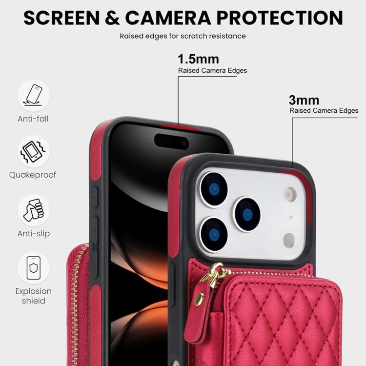 For iPhone 17 Pro AwQuer Crossbody Zipper Wallet Rhombic Leather Back Phone Case
