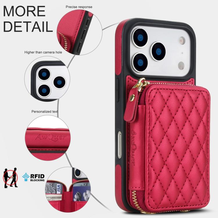 For iPhone 17 Pro AwQuer Crossbody Zipper Wallet Rhombic Leather Back Phone Case
