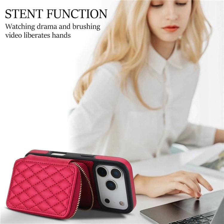 For iPhone 17 Pro AwQuer Crossbody Zipper Wallet Rhombic Leather Back Phone Case