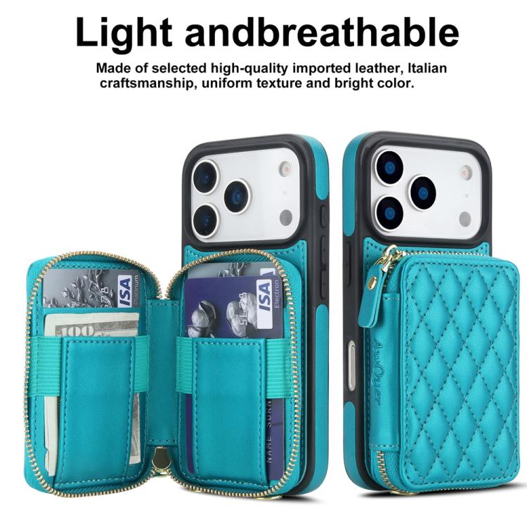 For iPhone 17 Pro AwQuer Crossbody Zipper Wallet Rhombic Leather Back Phone Case