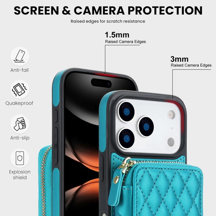 For iPhone 17 Pro AwQuer Crossbody Zipper Wallet Rhombic Leather Back Phone Case