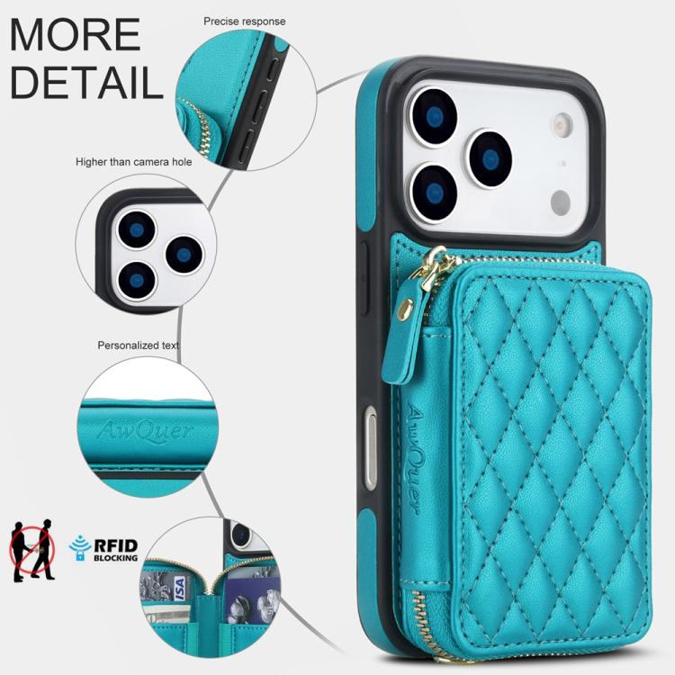 For iPhone 17 Pro AwQuer Crossbody Zipper Wallet Rhombic Leather Back Phone Case