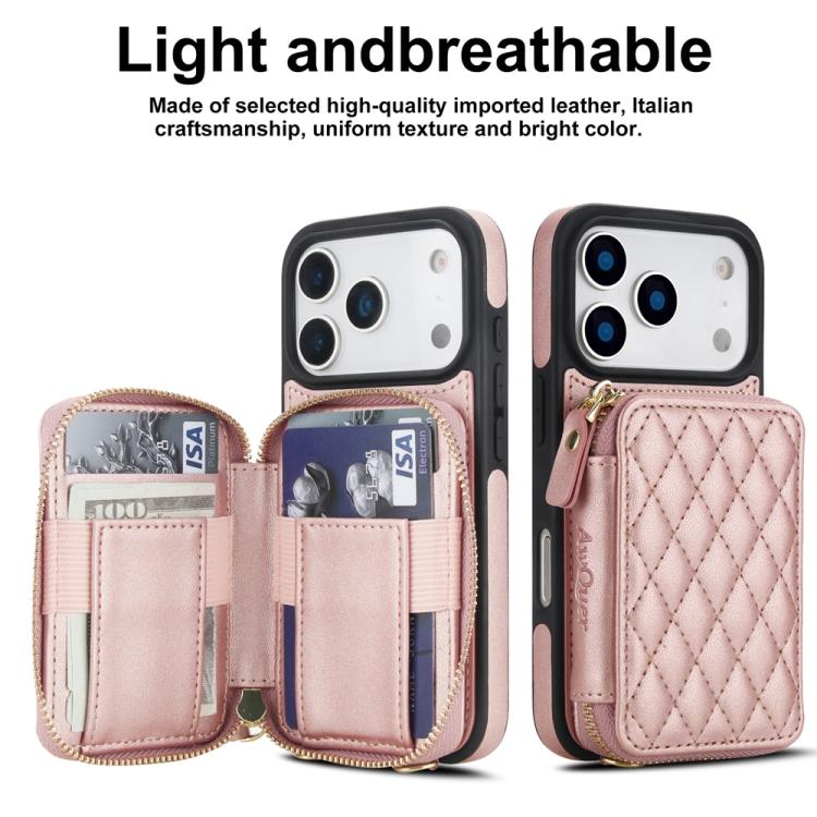 For iPhone 17 Pro AwQuer Crossbody Zipper Wallet Rhombic Leather Back Phone Case