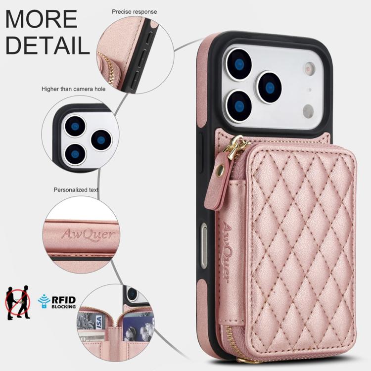For iPhone 17 Pro AwQuer Crossbody Zipper Wallet Rhombic Leather Back Phone Case