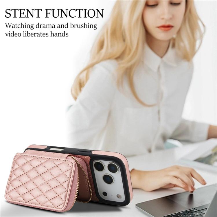 For iPhone 17 Pro AwQuer Crossbody Zipper Wallet Rhombic Leather Back Phone Case