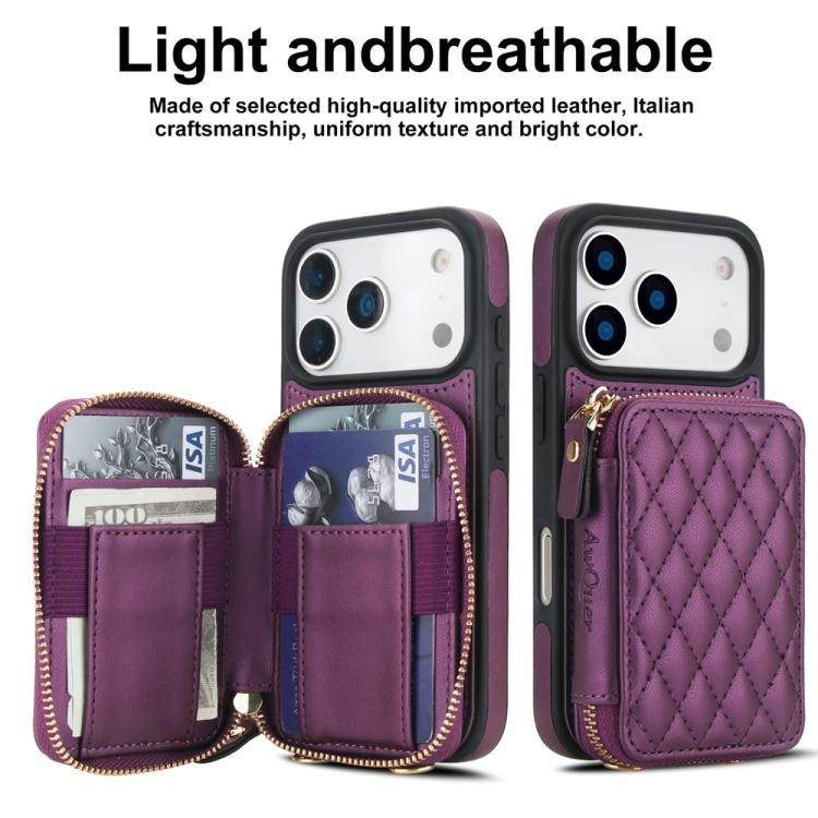 For iPhone 17 Pro AwQuer Crossbody Zipper Wallet Rhombic Leather Back Phone Case