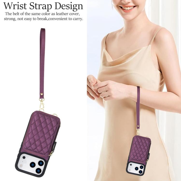 For iPhone 17 Pro AwQuer Crossbody Zipper Wallet Rhombic Leather Back Phone Case