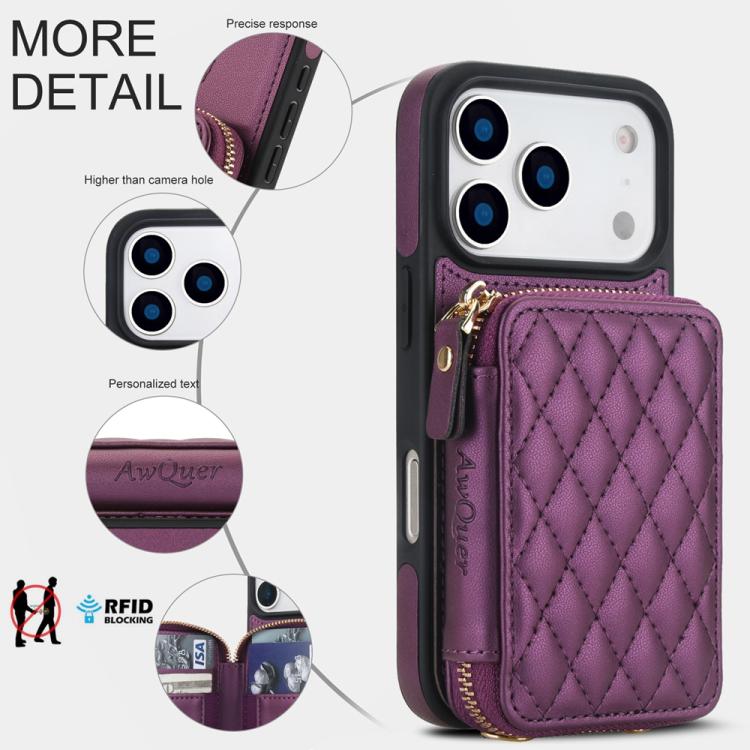 For iPhone 17 Pro AwQuer Crossbody Zipper Wallet Rhombic Leather Back Phone Case