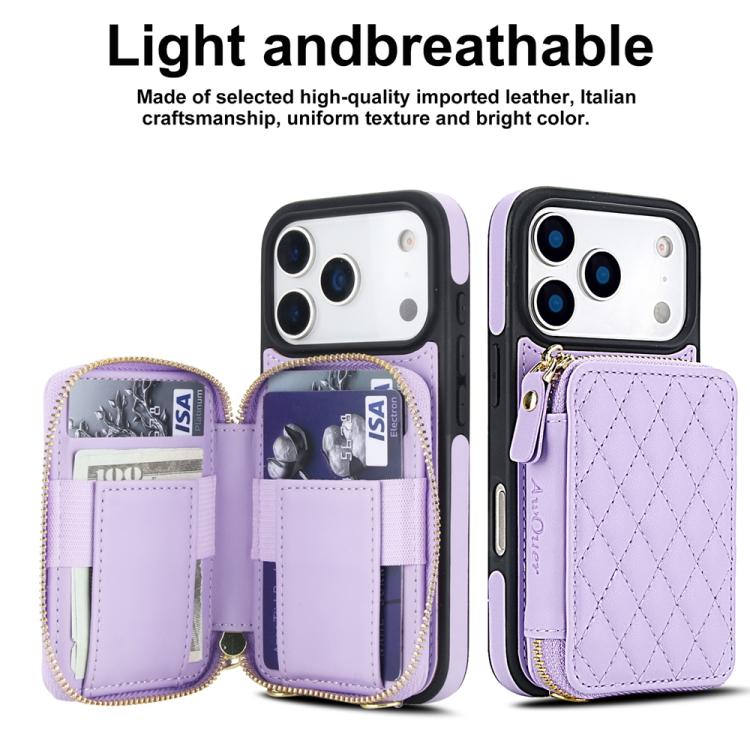 For iPhone 17 Pro AwQuer Crossbody Zipper Wallet Rhombic Leather Back Phone Case