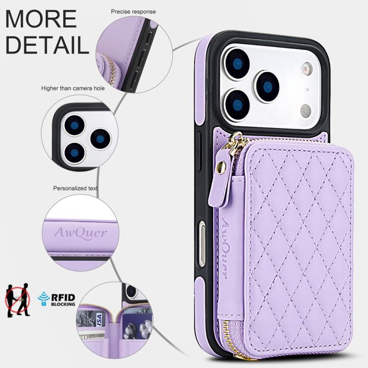 For iPhone 17 Pro AwQuer Crossbody Zipper Wallet Rhombic Leather Back Phone Case