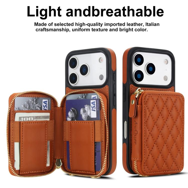For iPhone 17 Pro AwQuer Crossbody Zipper Wallet Rhombic Leather Back Phone Case