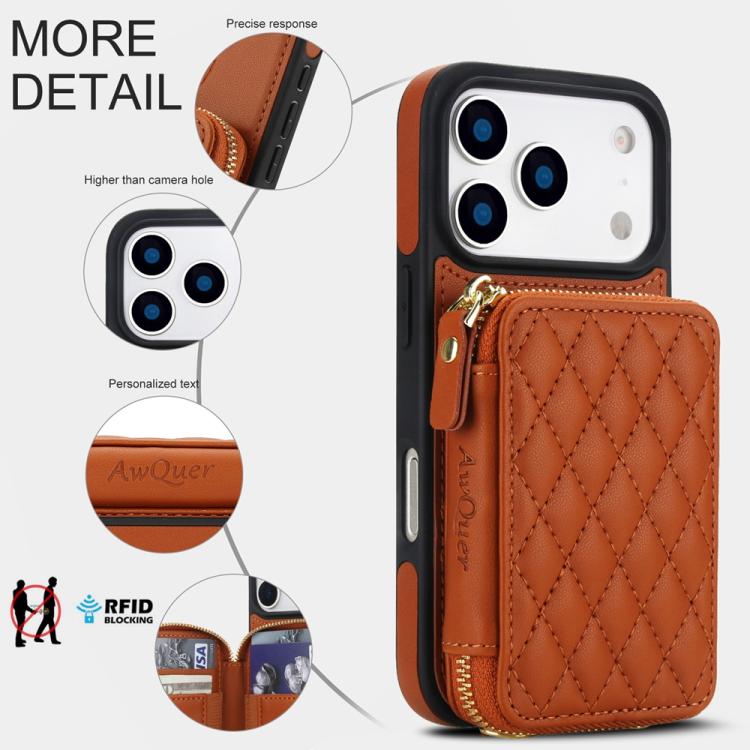 For iPhone 17 Pro AwQuer Crossbody Zipper Wallet Rhombic Leather Back Phone Case