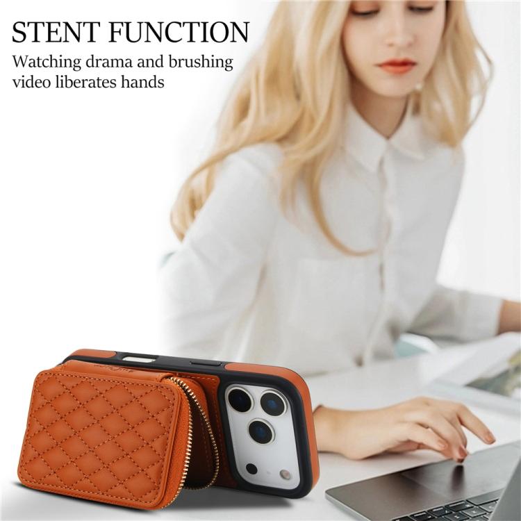 For iPhone 17 Pro AwQuer Crossbody Zipper Wallet Rhombic Leather Back Phone Case