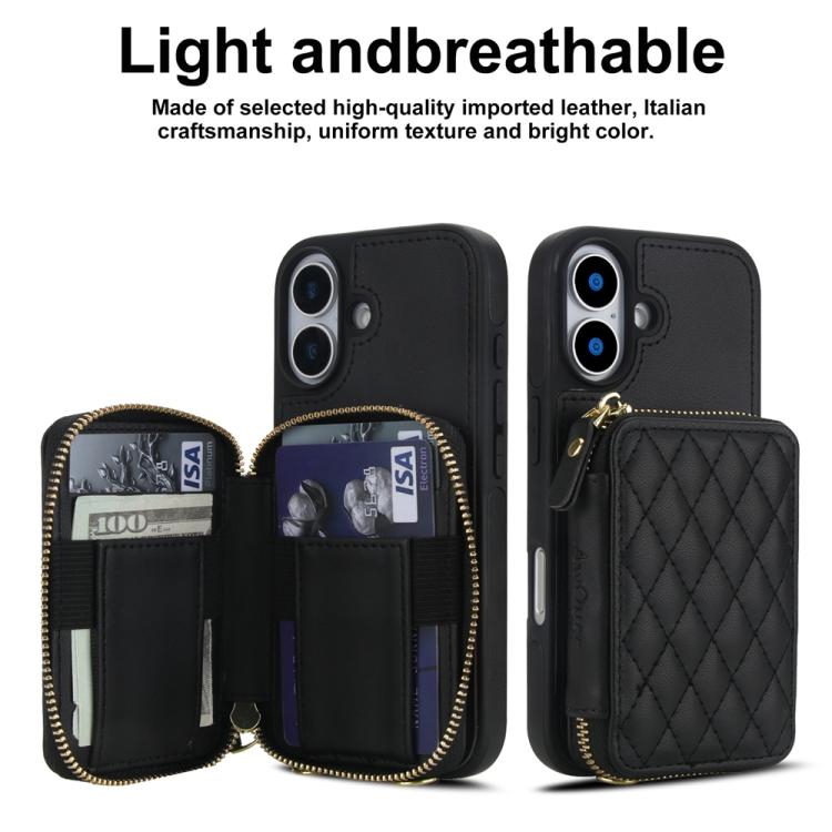 For iPhone 17 AwQuer Crossbody Zipper Wallet Rhombic Leather Back Phone Case