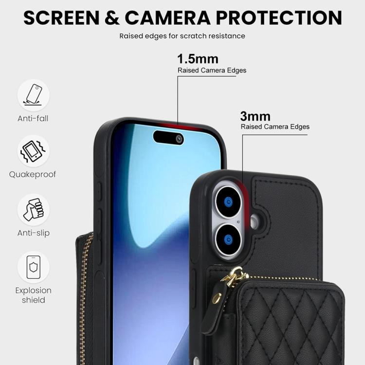 For iPhone 17 AwQuer Crossbody Zipper Wallet Rhombic Leather Back Phone Case