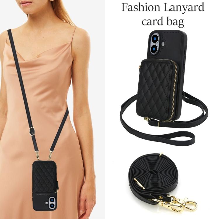 For iPhone 17 AwQuer Crossbody Zipper Wallet Rhombic Leather Back Phone Case