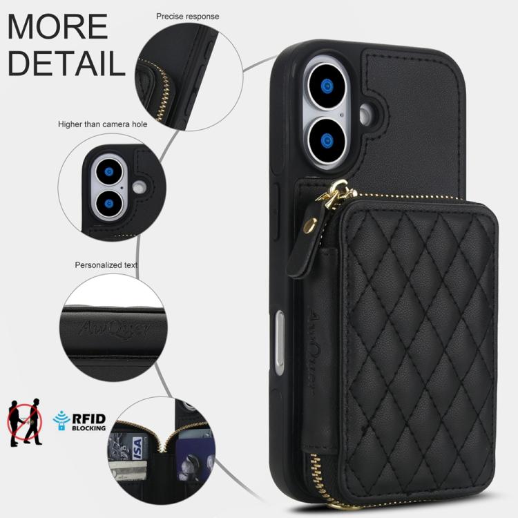 For iPhone 17 AwQuer Crossbody Zipper Wallet Rhombic Leather Back Phone Case
