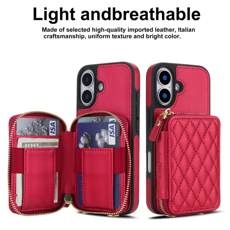 For iPhone 17 AwQuer Crossbody Zipper Wallet Rhombic Leather Back Phone Case