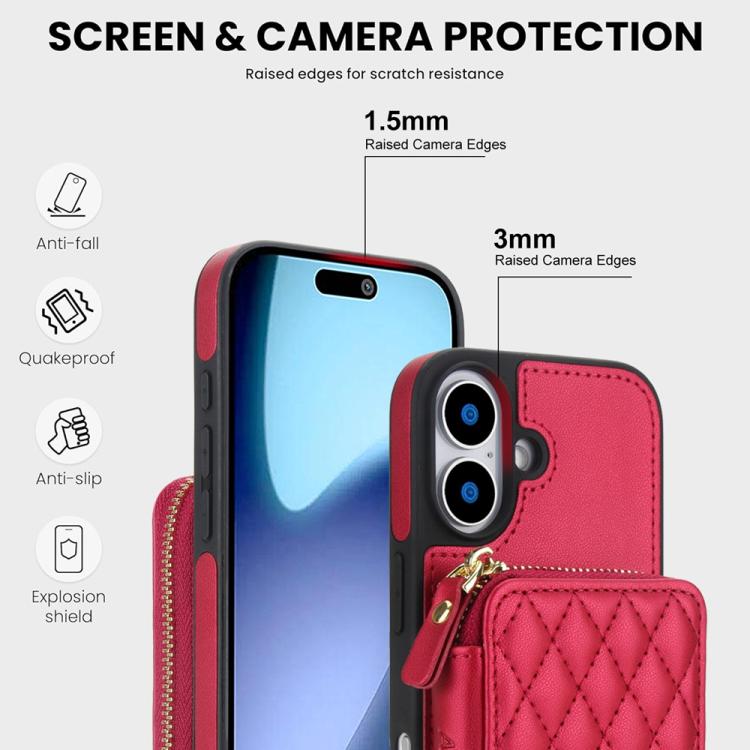 For iPhone 17 AwQuer Crossbody Zipper Wallet Rhombic Leather Back Phone Case