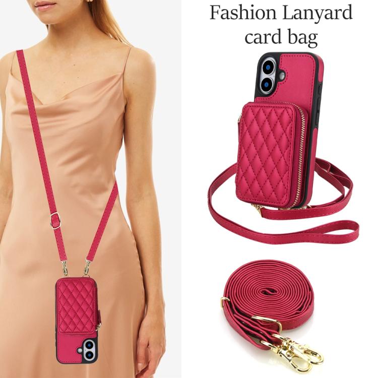 For iPhone 17 AwQuer Crossbody Zipper Wallet Rhombic Leather Back Phone Case